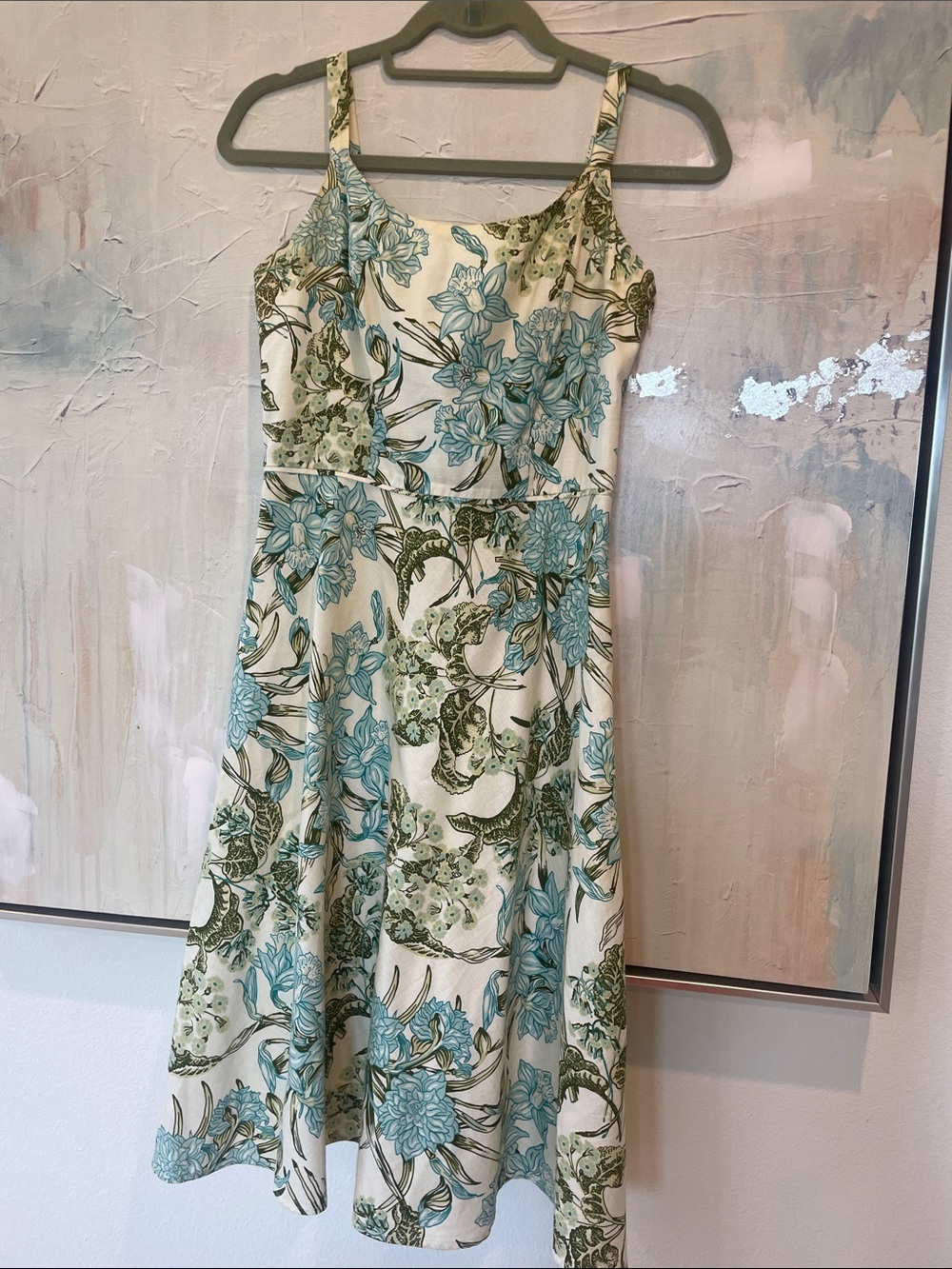 Ann Taylor LOFT Cream Midi Dress with Green and Blue Floral Print